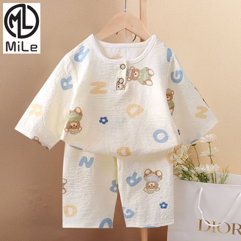 [ML] 80-170 ซม. เด็กผู้ชาย เด็กผู้หญิง ฤดูร้อน สไตล์ใหม่ ชุดอยู่บ้าน ขายดี ชุดนอนเด็ก แขนสามส่วน ครอป กางเกง