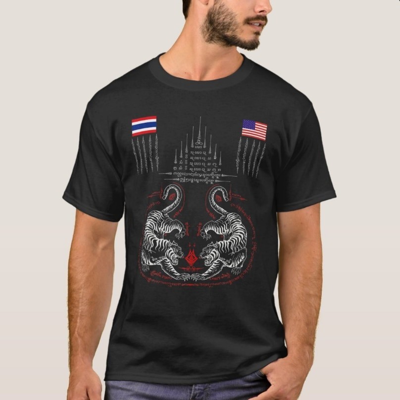 เสื้อยืดแขนสั้นคอกลมSAK yant เสื้อยืดแขนสั้นสำหรับผู้ชายเสื้อยืดลำลองแขนสั้นคอกลมสำหรับ100% ลายสักเส