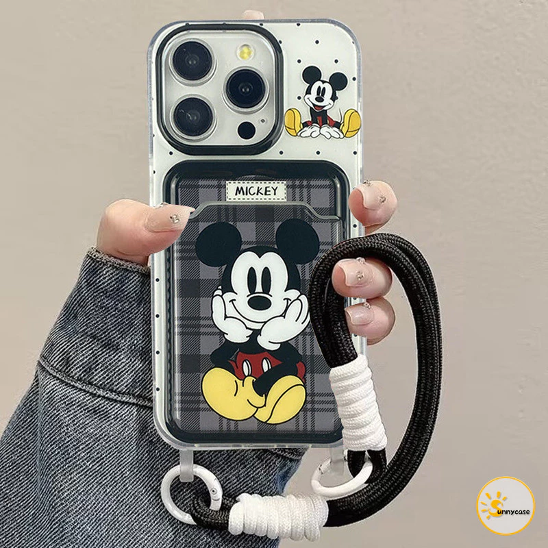 เคสแบบนุ่มพร้อมสายคล้องสำหรับใส่บัตรมิกกี้เม้าส์สุดน่ารัก เข้ากันได้กับ IPhone XR 15 12 11 13 14 16 Pro Max 7 8Plus XS X