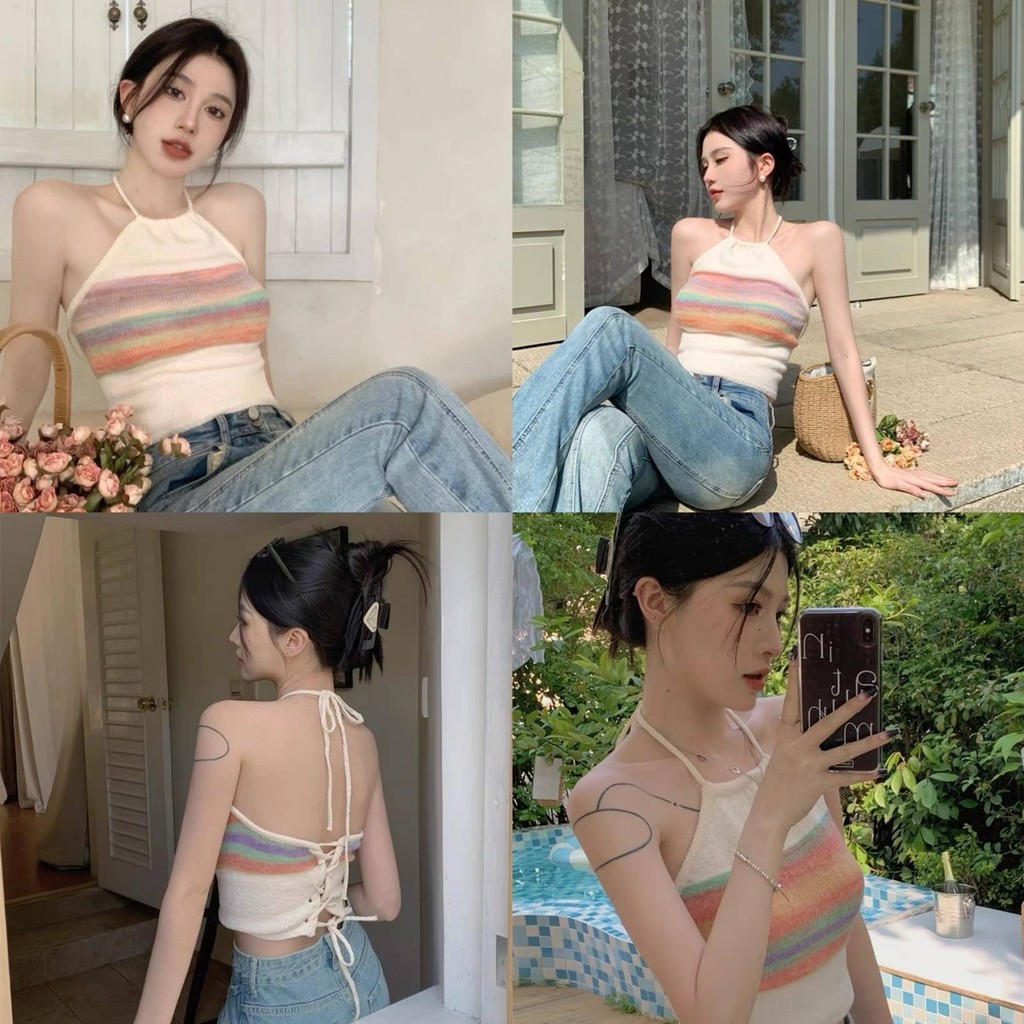 🥑MKL🥑 เสื้อไหมพรม คล้องคอ เว้าหลังแบบเชือกผูก สีละมุน สุดเซ็กซี่ #DL29