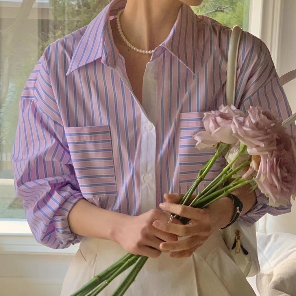 ฤดูใบไม้ผลิเกาหลี สไตล์เรโทร คอปกพับ กระเป๋าคู่ ทรงหลวม คลาสสิก สีบล็อก เสื้อเชิ้ตแขนยาวลายทางสำหรับ