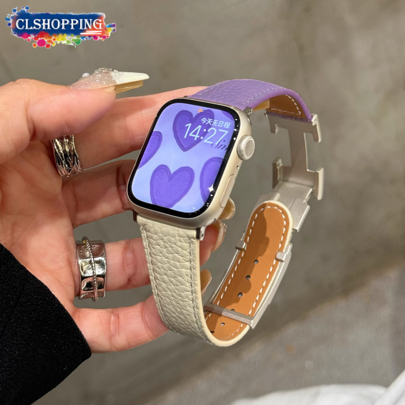 H หัวเข็มขัดสายหนังแม่เหล็กสําหรับ Aple watch Series 10 46 มม.42 Ultra 49 มม.S10 S9 S8 หรูหราลิ้นจี่