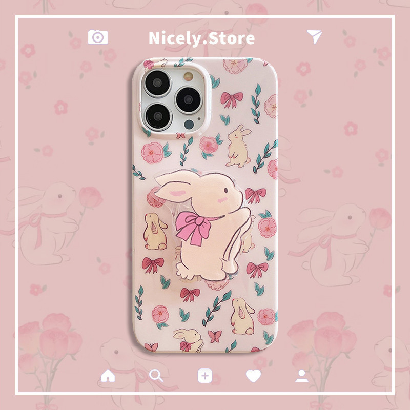 ดอกไม้น่ารักกระต่ายดอกไม้กระต่าย Kickstand สีชมพูเคสโทรศัพท์สําหรับ iPhone 16 15 14 13 12 Pro Max 11 11Promax กันกระแทก IMD โทรศัพท์มือถือปลอก