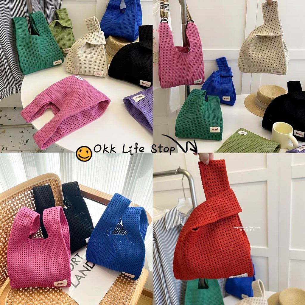 OKK Life Stop(B238)*พร้อมส่งในไทย*กระเป๋าไหมพรมผ้าถัก ทรงถังสีพื้น ดีไซน์เก๋ สุดปังแมตช์ได้กับทุกลุค