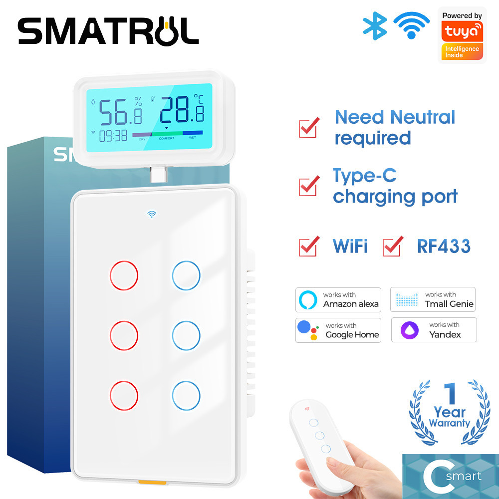 Smatrul Tuya สวิตช์ไฟอัจฉริยะไร้สาย WiFi RF433 US 2 ทาง 110-240V Type-C Timing 6 Gang Voice App สําหรับ Tmall Genie Alexa Google Home