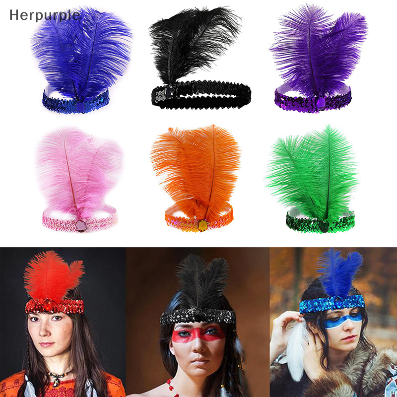 Herpurple เลื ่ อม Feather คริสตัลอินเดีย Feather Headdress วันหยุดอินเดีย Hairband แฟชั ่ นผู ้ หญิงอุปกรณ ์ เสริมผม TH