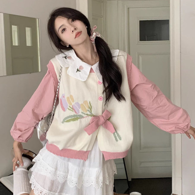 เสื้อคาร์ดิแกน ผ้าถัก ทรงหลวม ลายดอกทิวลิป สีขาว แฟชั่นฤดูใบไม้ผลิ สําหรับผู้หญิง