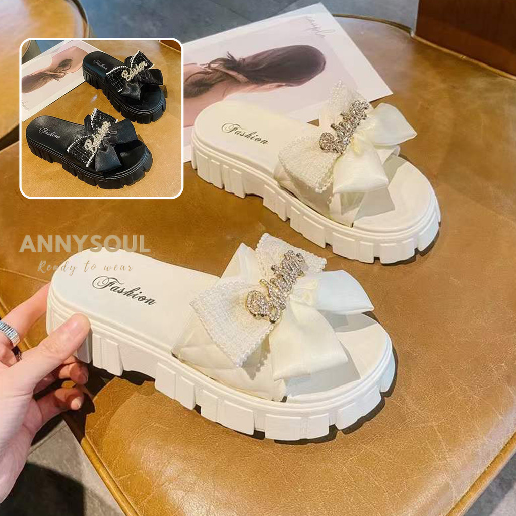 รองเท้าแตะแบบสวม เก็บหน้าเท้า เเต่งโบว์น่ารักๆ น้ำหนักเบาสวมใส่สบาย