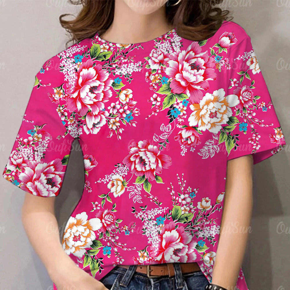 เสื้อยืด คอกลม แขนสั้น ลายดอกไม้ สีแดง แฟชั่นฤดูร้อน สําหรับผู้หญิง