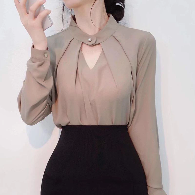 เสื้อทำงานผู้หญิงแขนยาวแบบคอกลวง ใหม่ เสื้อเชิ้ตสีขาวผู้หญิงเซ็กซี่