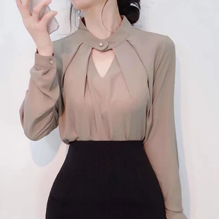 เสื้อทำงานผู้หญิงแขนยาวแบบคอกลวง ใหม่ เสื้อเชิ้ตสีขาวผู้หญิงเซ็กซี่