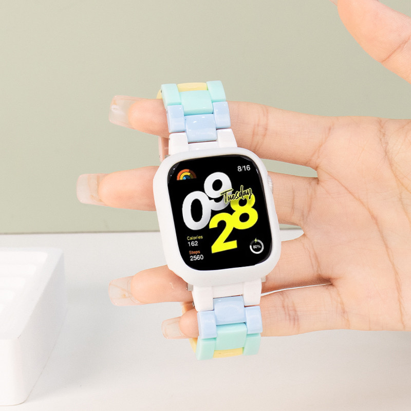 สายนาฬิกาข้อมือเรซิ่น สีรุ้ง พร้อมเคสป้องกัน สําหรับ Xiaomi Redmi Watch 4 Redmi Watch 3 Active Smart Watch Macaron Girl