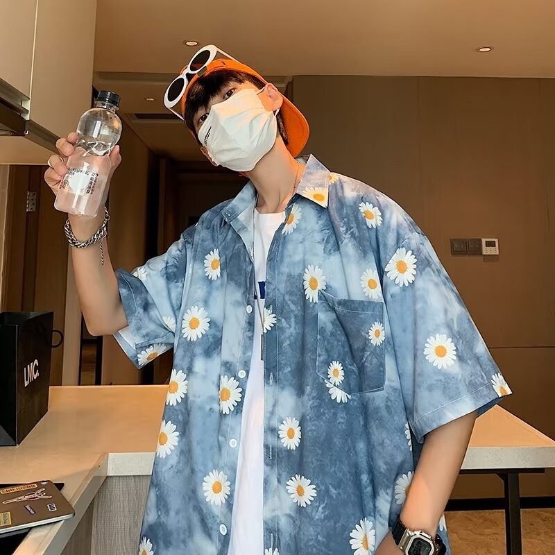hawaii shirt เชิ้ตลายดอก เสื้อเชิ้ตแขนสั้นลําลอง ทรงหลวม สไตล์ญี่ปุ่น แฟชั่นฮาราจูกุ สําหรับผู้ชาย