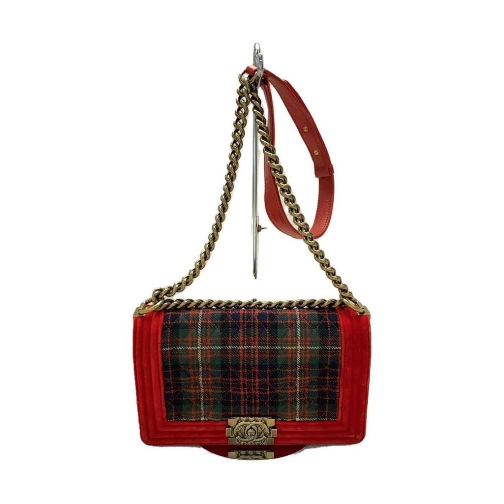 CHANEL Shoulder Bag BOY Coco Mark Velor Red Plaid Patterned all over Direct from Japan Secondhand