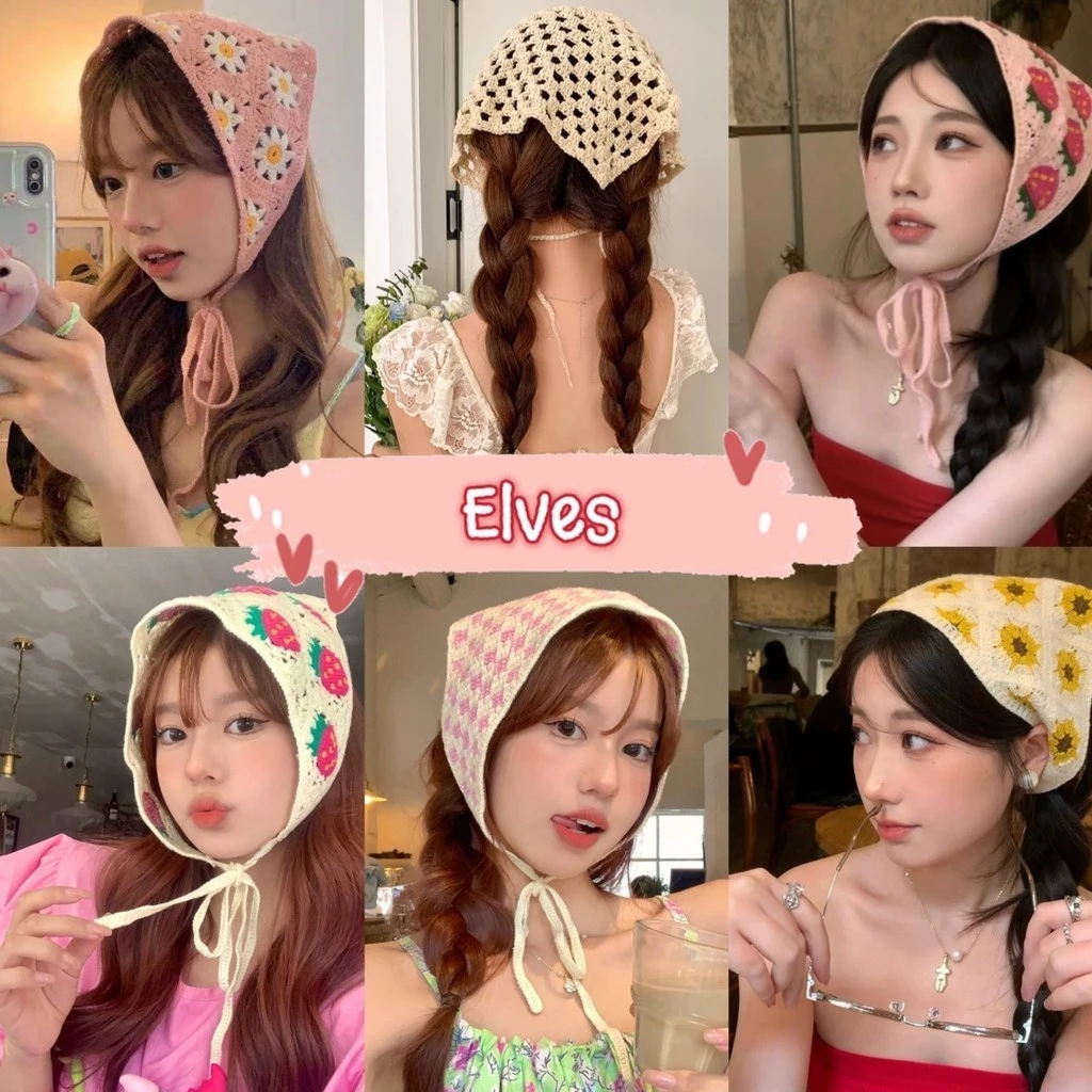 Elves✨พร้อมส่ง✨ ผ้าโพกผมถักไหมพรม ทรงสามเหลี่ยม ลายน่ารัก ~TJ-111~