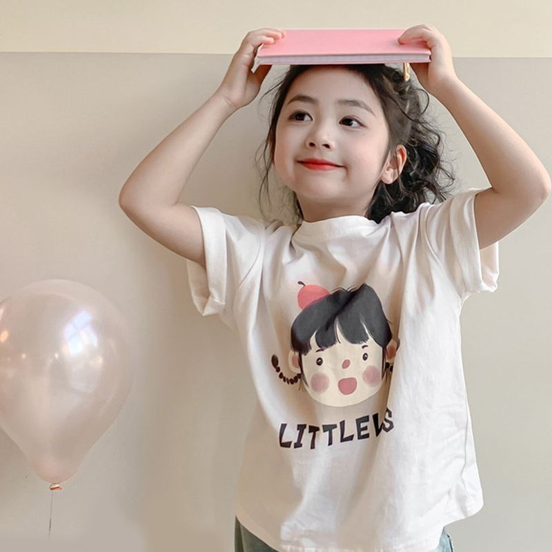 [สาวด้านบน](15-50กิโลกรัม) ฤดูร้อนผ้าฝ้ายแขนสั้นแฟชั่น เสื้อยืด การ์ตูนพิมพ์หลวมสไตล์เกาหลีเด็กทีเสื้อนักเรียนวัยรุ่นสวมใส่