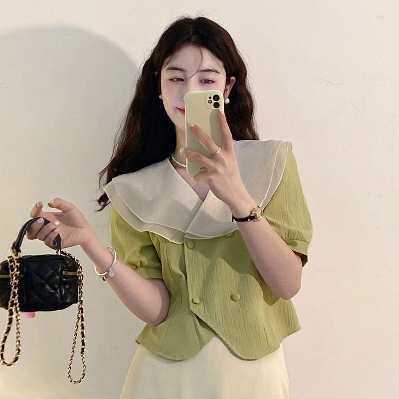 เสื้อเชิ้ตแขนสั้น แต่งระบาย ขนาดเล็ก แฟชั่นใหม่ สไตล์เกาหลี สําหรับผู้หญิง