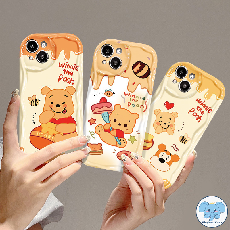 การ์ตูนชีสครีมรักรอยยิ้ม winnie หมี 3D คลื่นโค้งขอบซอฟท์แขน iPhone 11 15 XR 13 14 12 Pro Max X 15 7 8 14 Plus XS Max SE
