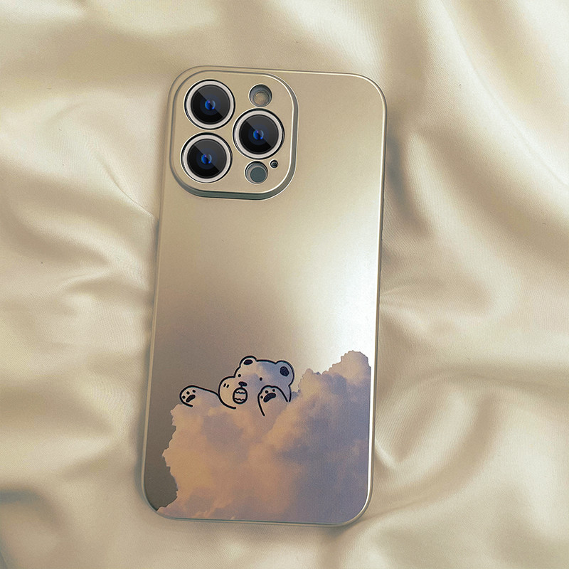 สำหรับ iPhone 13 12 14 11 Pro Max XR X Plus XS SE เมฆหมีน้อยการ์ตูนรูปแบบโลหะชุบเคสไอโฟนสวยๆกันกระแทก น่ารักเคส