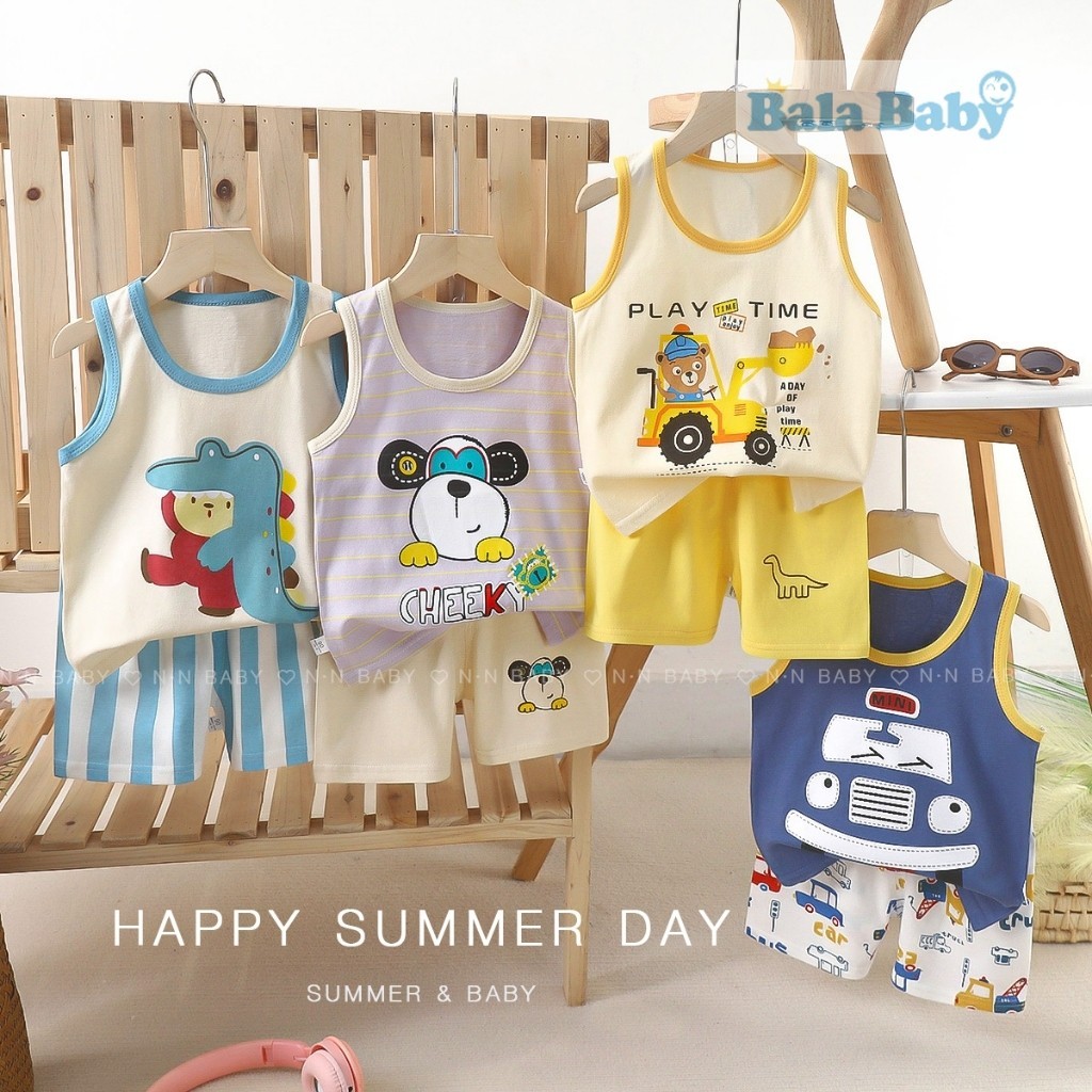 ชุดเด็ก เสื้อกร้าม+กางเกงขาสั้น เสื้อแขนกุด ผ้าcotton Size 80-110 cm BXT14