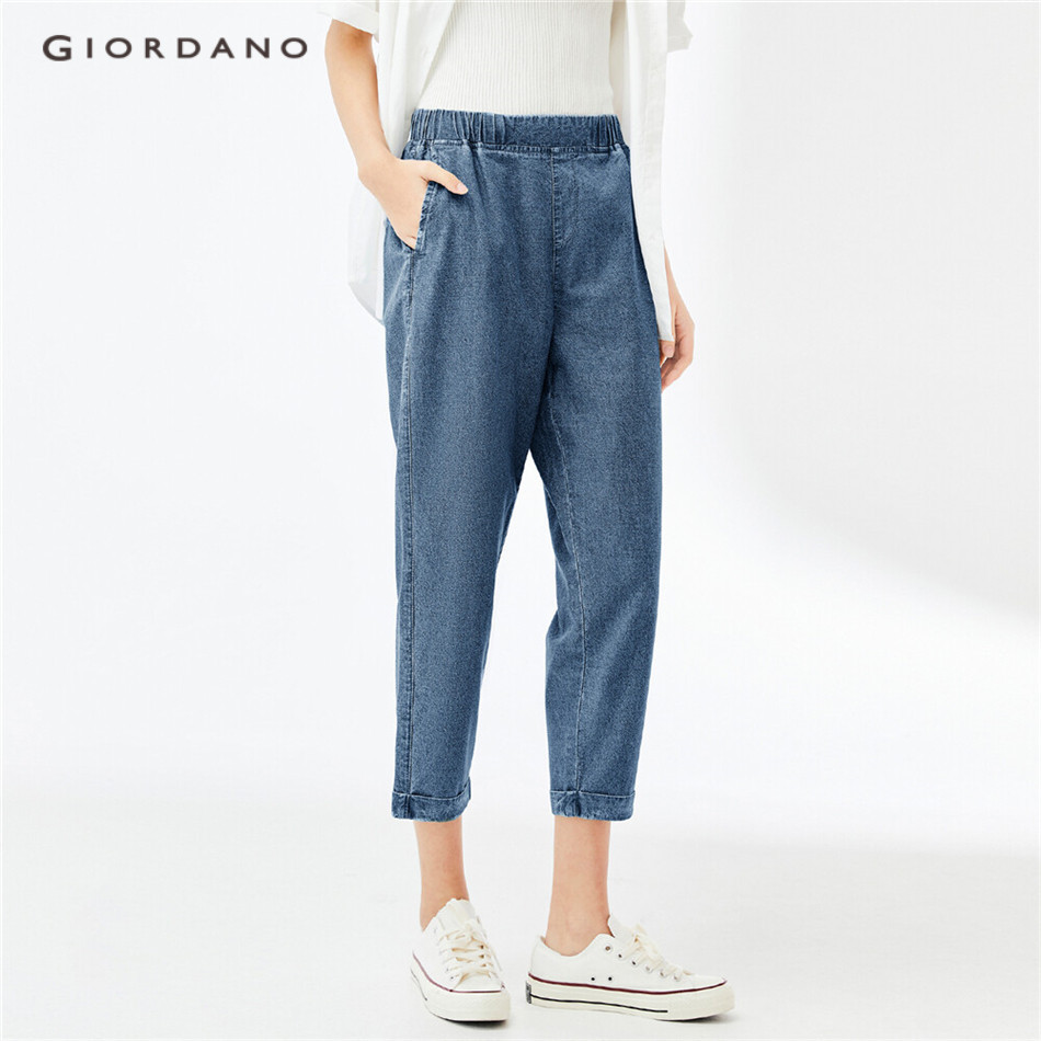GIORDANO WOMEN Roll-up cuff elastic waist denim pants 05424307