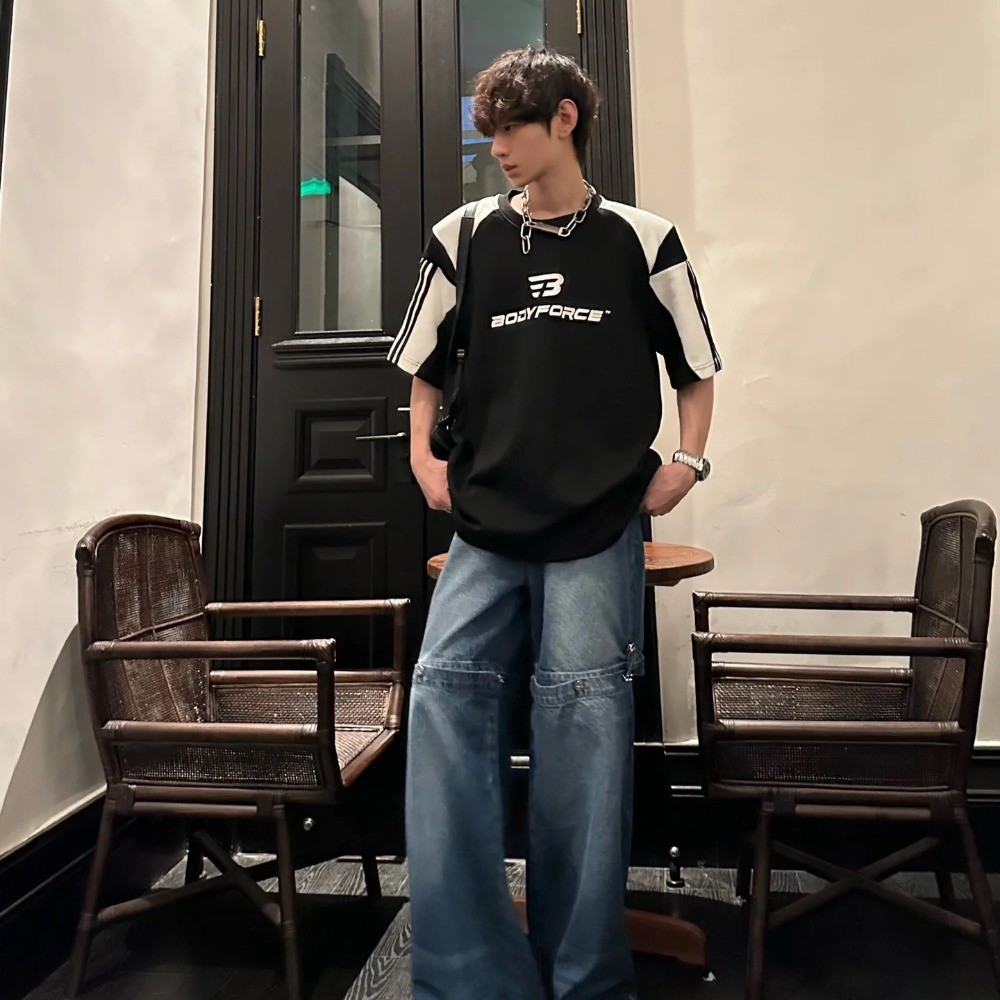 สีบล็อกพิมพ์ไหล่แขนสั้นเสื้อยืดผู้ชายฤดูร้อนหลวมสบายๆ Hal