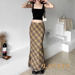 (จัดส่งในกรุงเทพฯ)Latata- กระโปรงยาว เอวสูง ลายสก็อต สไตล์วินเทจ สําหรับผู้หญิง