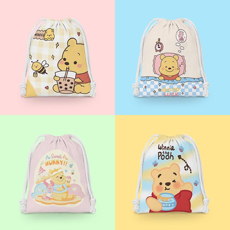 Winnie the Pooh Disney Drawstring Bag Drawstring Cartoon Small Cloth Bag Student Sundries Storage Bag Cosmetic Bag Portable Toiletry Bag