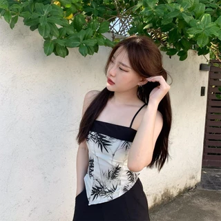 Aurora 🛒พร้อมส่ง🚚 (รูปถ่ายจากงานจริง) เสื้อสายเดี่ยว มีฟองน้ำ ลายใบไม้ สม็อคหลัง สีขาวดำครีม ดีเทลชาย ดูแพง bratop2280
