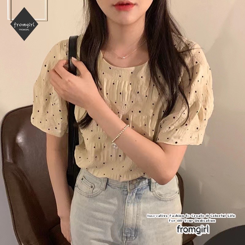 เสื้อเชิ้ตแขนสั้น คอกลม ลายจุด ทรงหลวม สไตล์วินเทจ