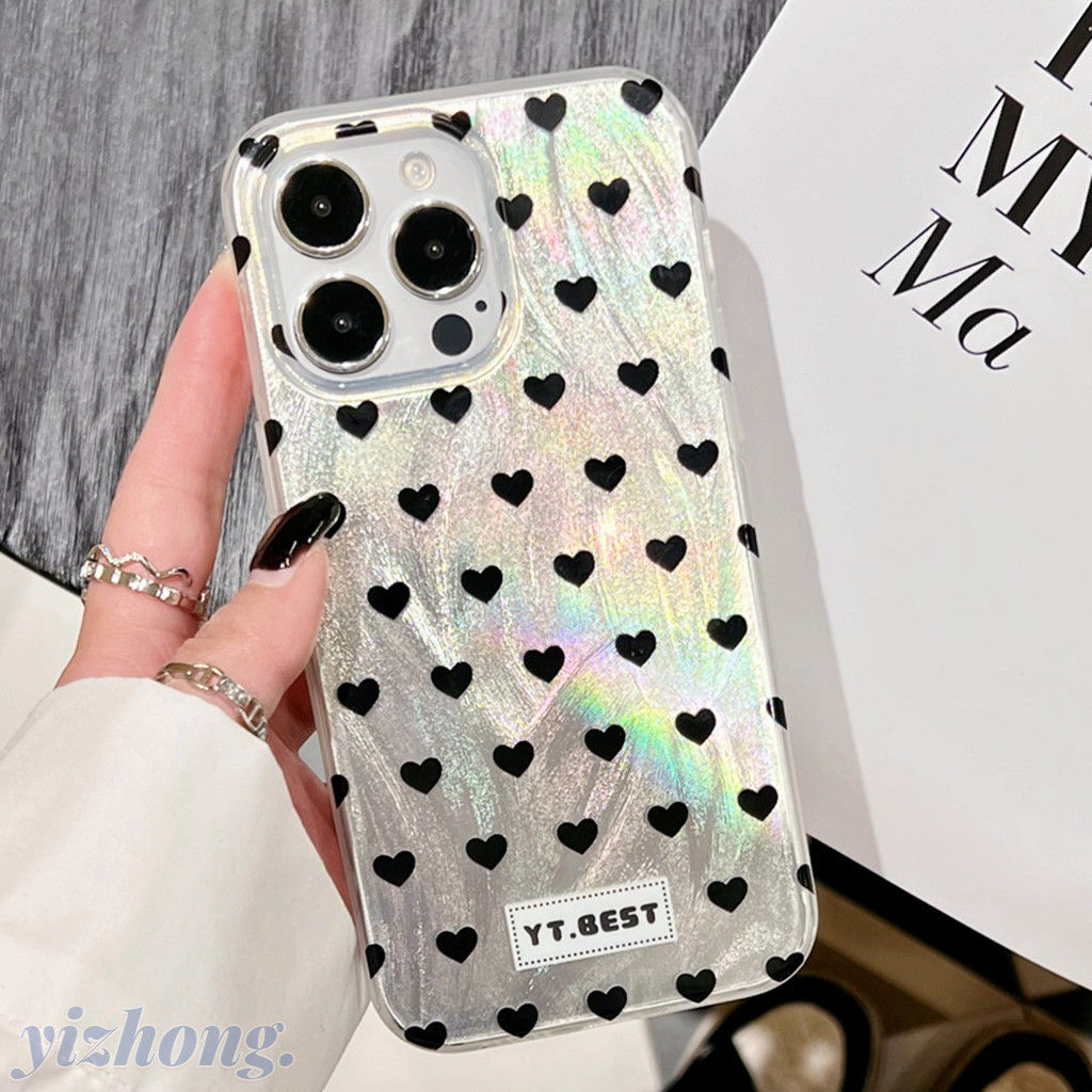เคสโทรศัพท์มือถือแบบนิ่ม TPU กันกระแทก กันรอย กันฝุ่น ลายหัวใจ สีดํา สีเงิน แฟชั่น สําหรับ iPhone 15 Pro Max 14 13