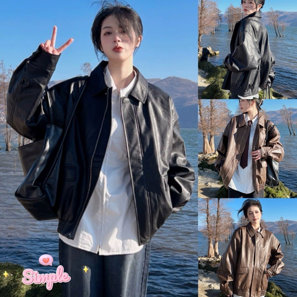 SimpleStore จัดส่งจากกรุงเทพ เสื้อแจ็คเก็ตหนังสีดำสไตล์เรโทรสไตล์อเมริกัน ซิปด้านบนพร้อมปกแบบคลาสสิก 173