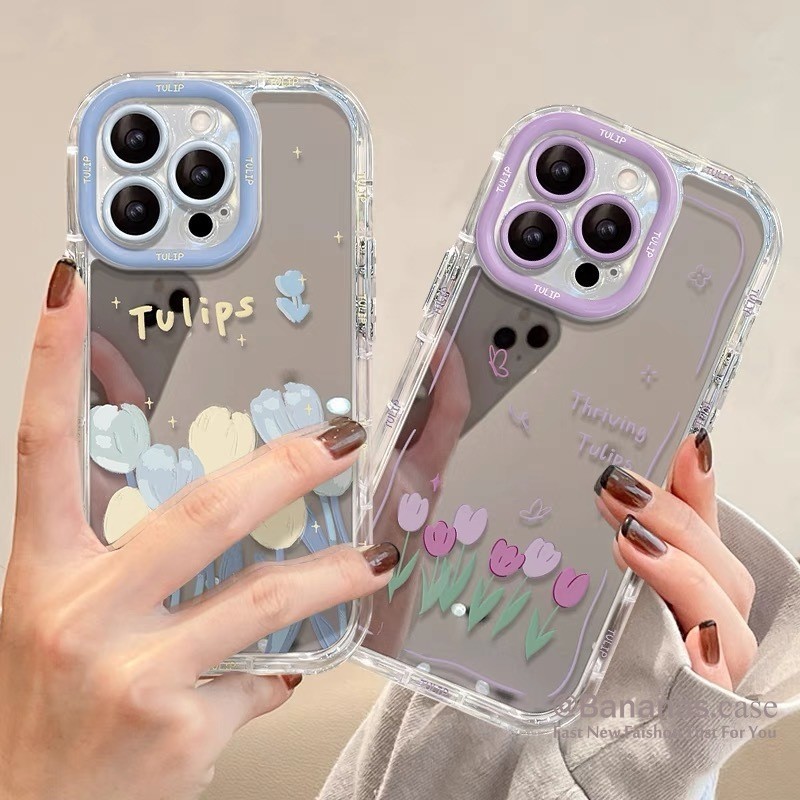 IPhone 17 16 15 14 13 12 11 Pro Max X Xr Xs Max 7 8 Plusเคสโทรศัพท์กระจกน่ารักดอกทิวลิปสีม่วงฝาครอบโทรศัพท์นุ่ม