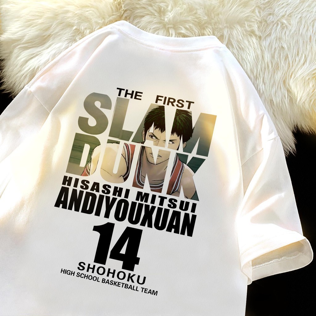 Basi เสื้อยืด ผ้าฝ้าย ไม่ยืดไม่ย้วย โอเวอร์ไซส์ ลาย"SLAMDUNK" เสื้อยืดคอกลอมชายหญิงแบบนิ่มใส่สบาย สไตล์เกาหลี มินิมอล