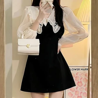 ✨S-6XL✨ ชุดเดรสแขนยาว คอปกตุ๊กตา กระโปรงสั้นน่ารัก ยืดหยุ่น ดีเทลโบวื เดรสสาวอวบ พลัสไซซ์ เดรสออกงาน