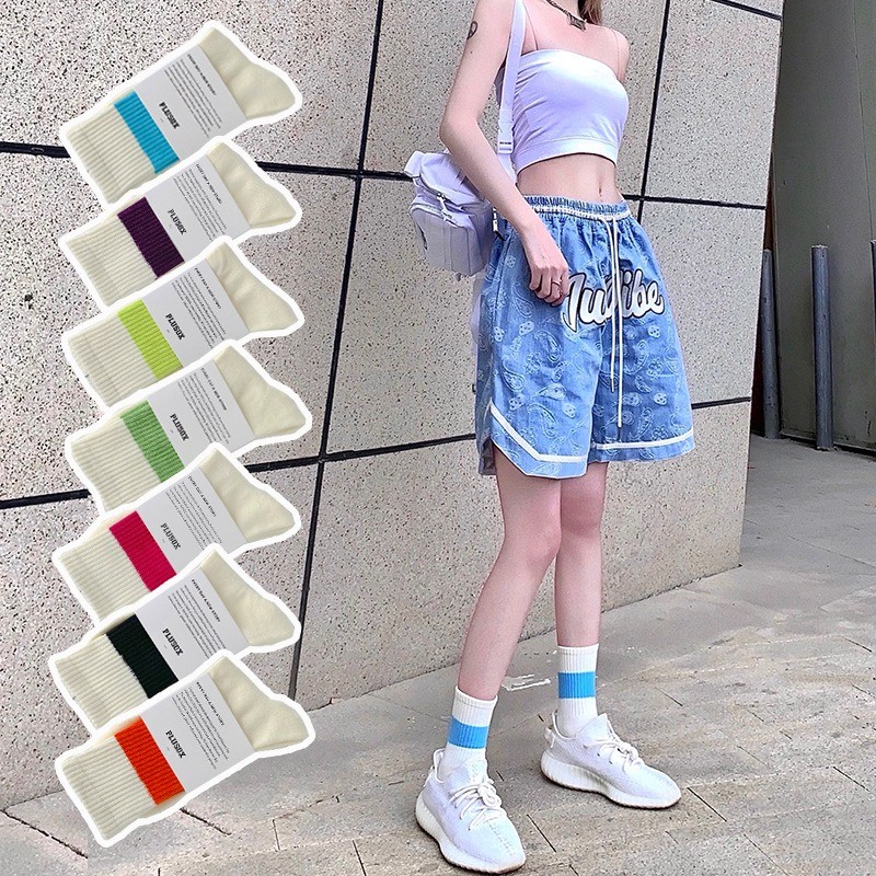 Street Wear Sports Socks Casual High Purity Contrast Color Stripes Couple Mid-Tube Cotton