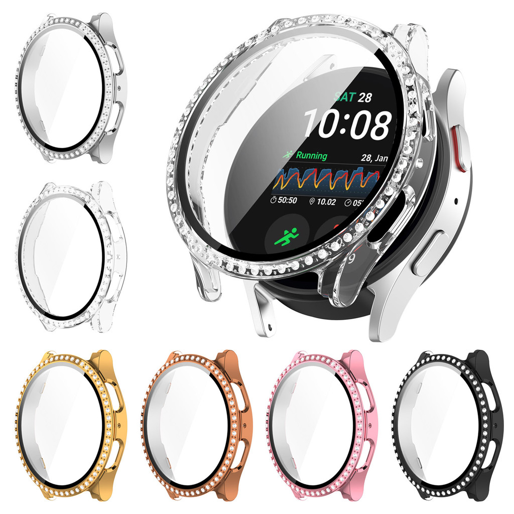 แก้ว + เพชรสําหรับ Samsung Galaxy Watch 7 6 5 40 มม./44 มม.ป้องกันหน้าจอกระจกนิรภัย & Hard PC ป้องกันกันชน Bling ฝาครอบ