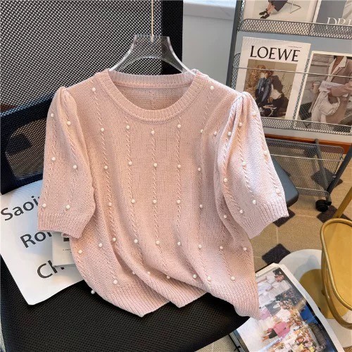 ใหม่ภาษาฝรั่งเศสคําลูกปัดนุ่มข้าวเหนียวแขนสั้นด้านบนผู้หญิงหลวมสไตล์ตะวันตกเสื้อถัก