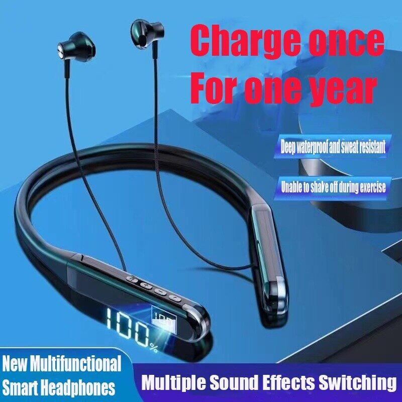 Bonine หูฟังบลูทูธ Playtim 1000 ชั่วโมงพร้อมไมโครโฟนการ์ด TF แม่เหล็กหูฟังแบบคล้องคอไร้สายที่สะดวกสบ