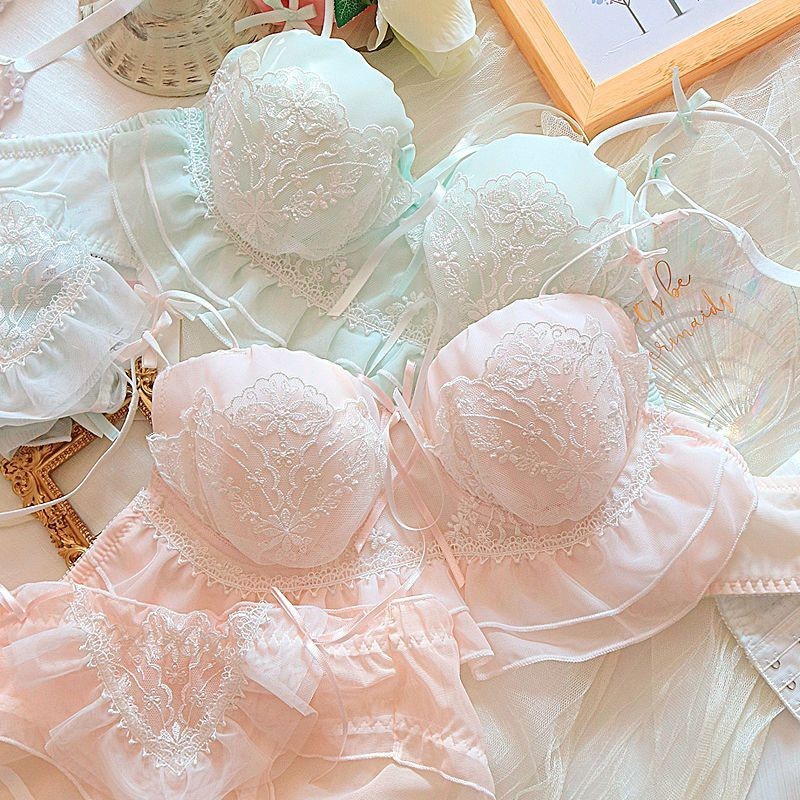ใหม่ สไตล์ญี่ปุ่น หวาน น่ารัก ลูกไม้ ระบายอากาศ ไร้กรอบ ชุดชั้นใน ผู้หญิง สบาย เปิดหลัง ดันทรง ชุดชั้นใน