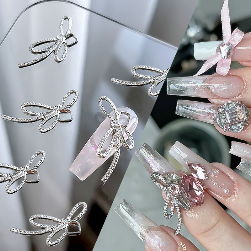 อุปกรณ์ตกแต่งเล็บ จี้โบว์โลหะ 3D สีเงิน สีทอง สไตล์ฝรั่งเศส สําหรับตกแต่งเล็บ