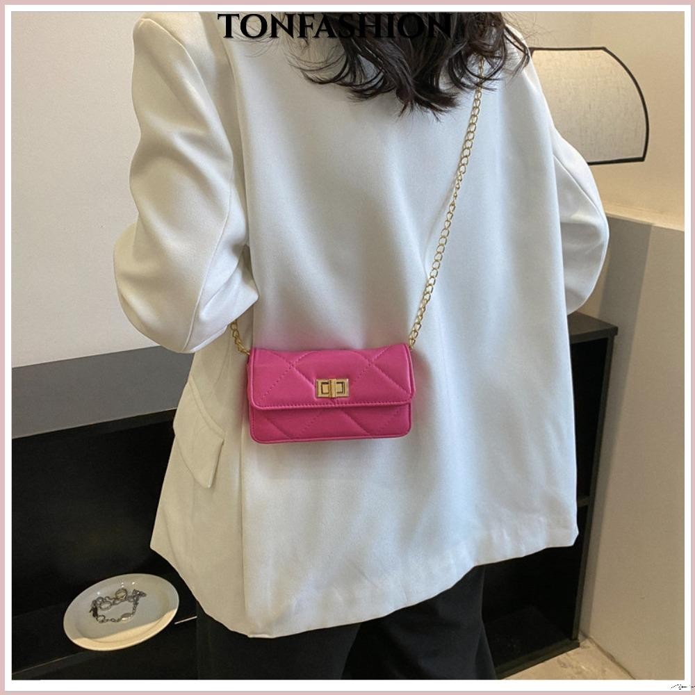 Tonfashion กระเป๋าถือ กระเป๋าสะพายไหล่ สะพายข้าง หนัง PU สายโซ่โลหะ ขนาดเล็ก สีพื้น สําหรับสตรี