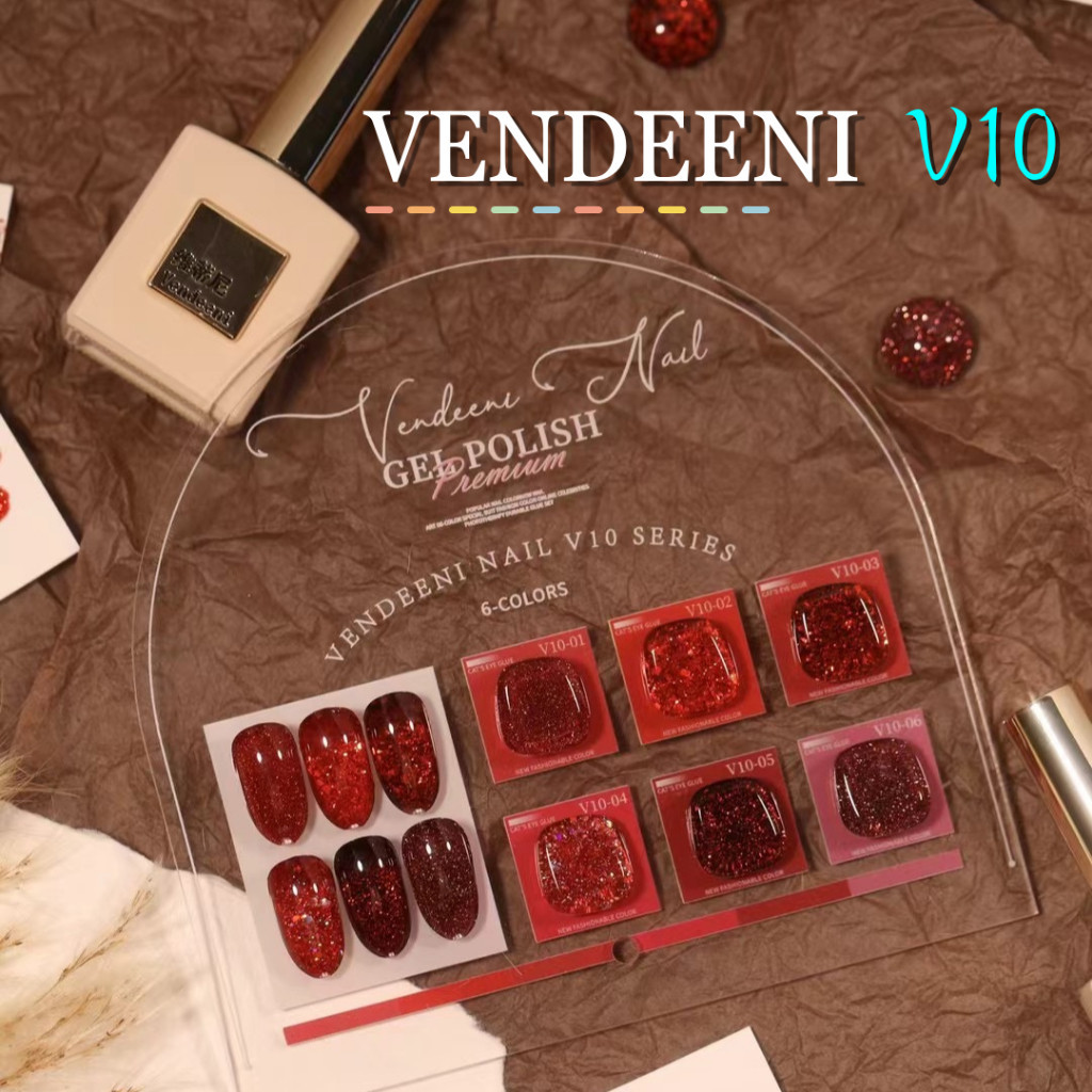 VDN V10 สีเจลกากเพชรโทนสีแดง เซต 6 สี แถมชาร์ตสำเร็จรูป ปริมาณ15ml - wenails