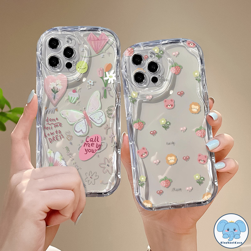 การ์ตูนดอกไม้สีสันผีเสื้อรักหมีสตรอเบอร์รี่กรณีโปร่งใส iPhone XR 13 11 15 12 14 Pro Max  X XS Max 7 8 Plus 12 mini