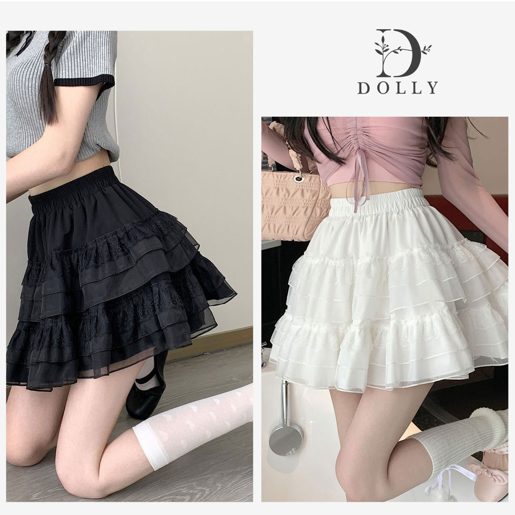 กระโปรงลูกไม้น่ารักๆ เป็นชั้น สีขาว สีดำ สำหรับผู้หญิง สไตล์เกาหลี Y2k