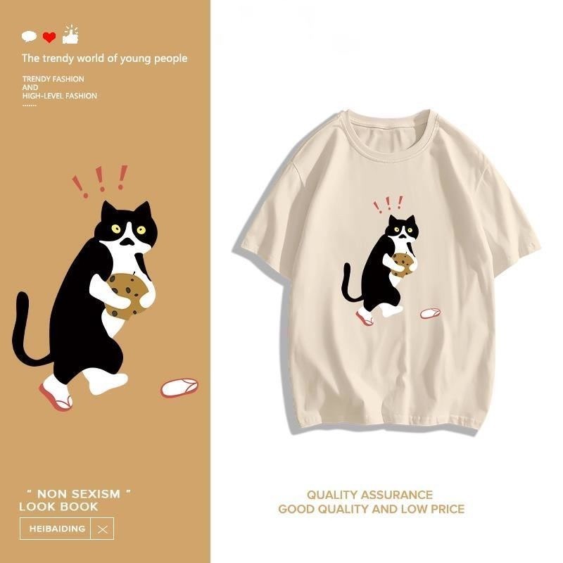 COD✅ (จัดส่งในกรุงเทพฯ) MAO Shop print T-shirt，การ์ตูนตลกแมวสีดำพิมพ์เสื้อยืดแขนสั้น