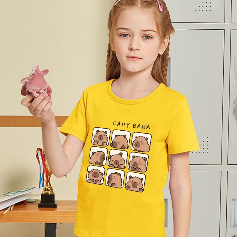 เสื้อยืดแขนสั้น คอกลม พิมพ์ลายการ์ตูน Capybara แฟชั่นสําหรับเด็ก