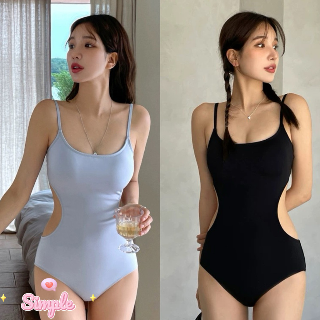 SimpleStore จัดส่งจากกรุงเทพฯ ชุดว่ายน้ำวันพีซสีทึบสายรัดไหล่เปลือยเซ็กซี่สำหรับผู้หญิง 052