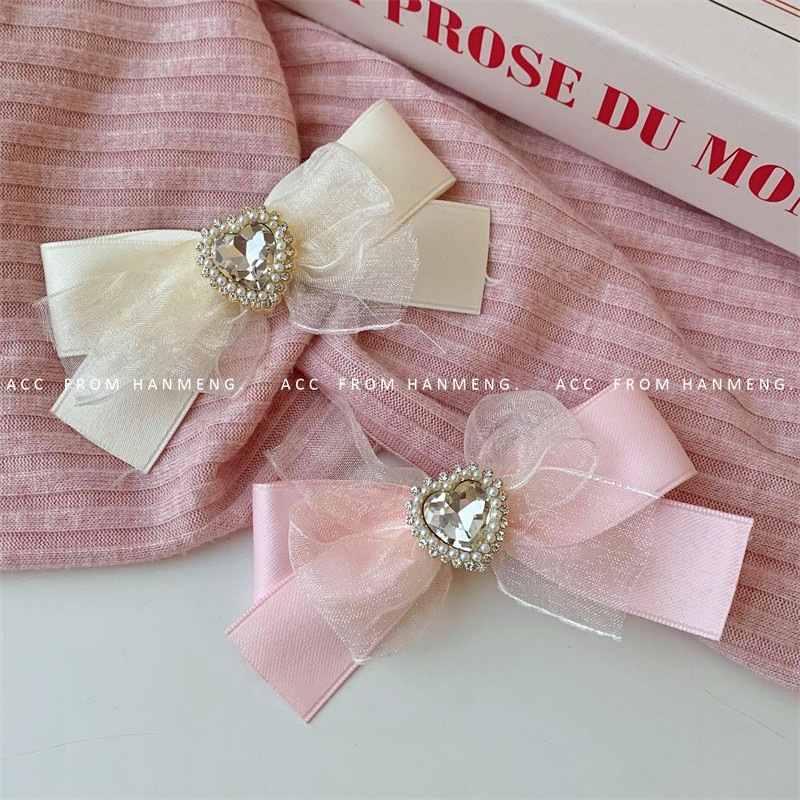กิ๊บติดผม รูปโบว์ ประดับเพชร สีชมพู สไตล์เกาหลี สําหรับผู้หญิง