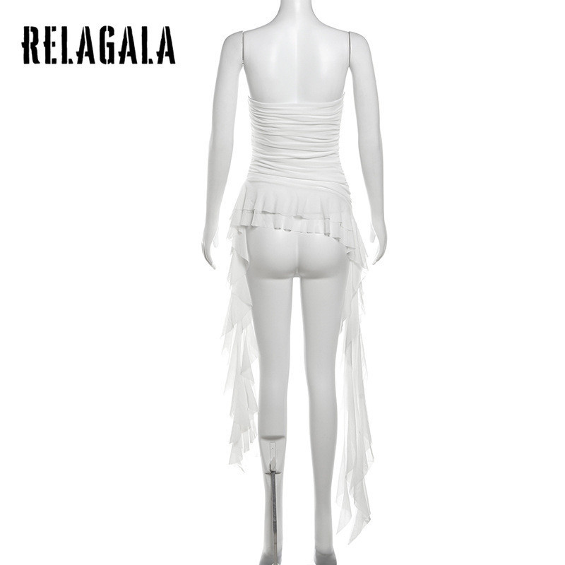 RelaGala ผู้หญิงใหม่สีทึบ Slim Street แฟชั่นปิดไหล่แขนกุดจีบด้านบน — صورة 7